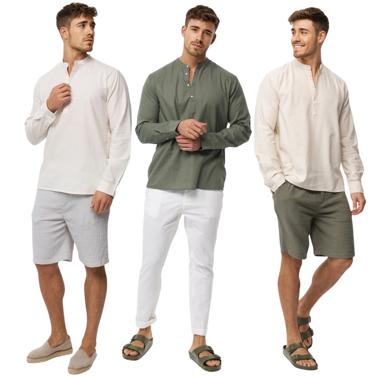 Kit 3 Camisas Linho Gola Padre Manga Longa