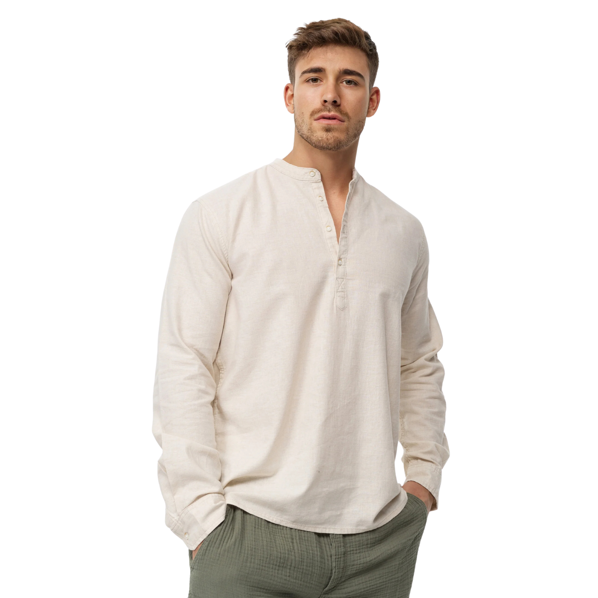 Kit 3 Camisas Linho Gola Padre Manga Longa