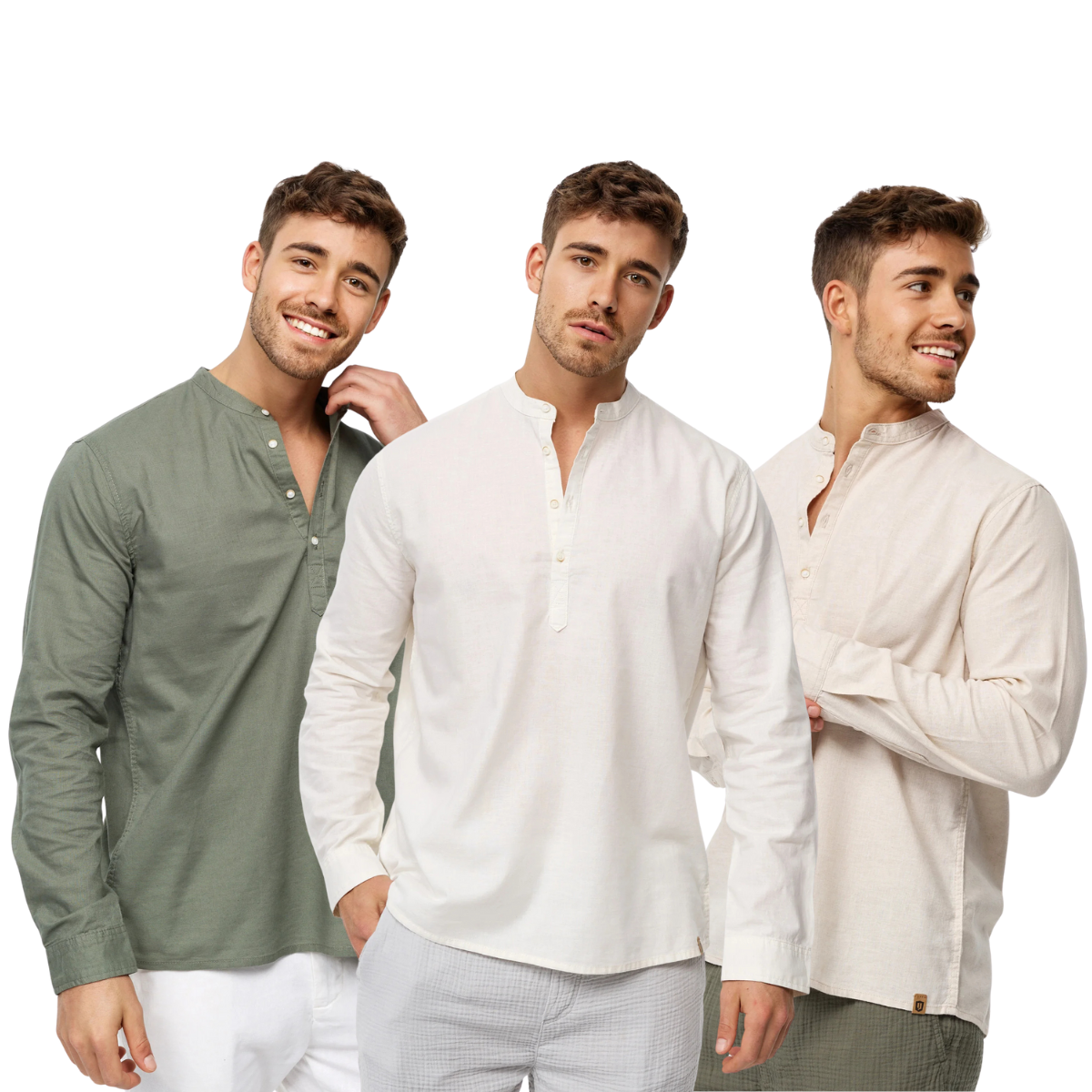 Kit 3 Camisas Linho Gola Padre Manga Longa